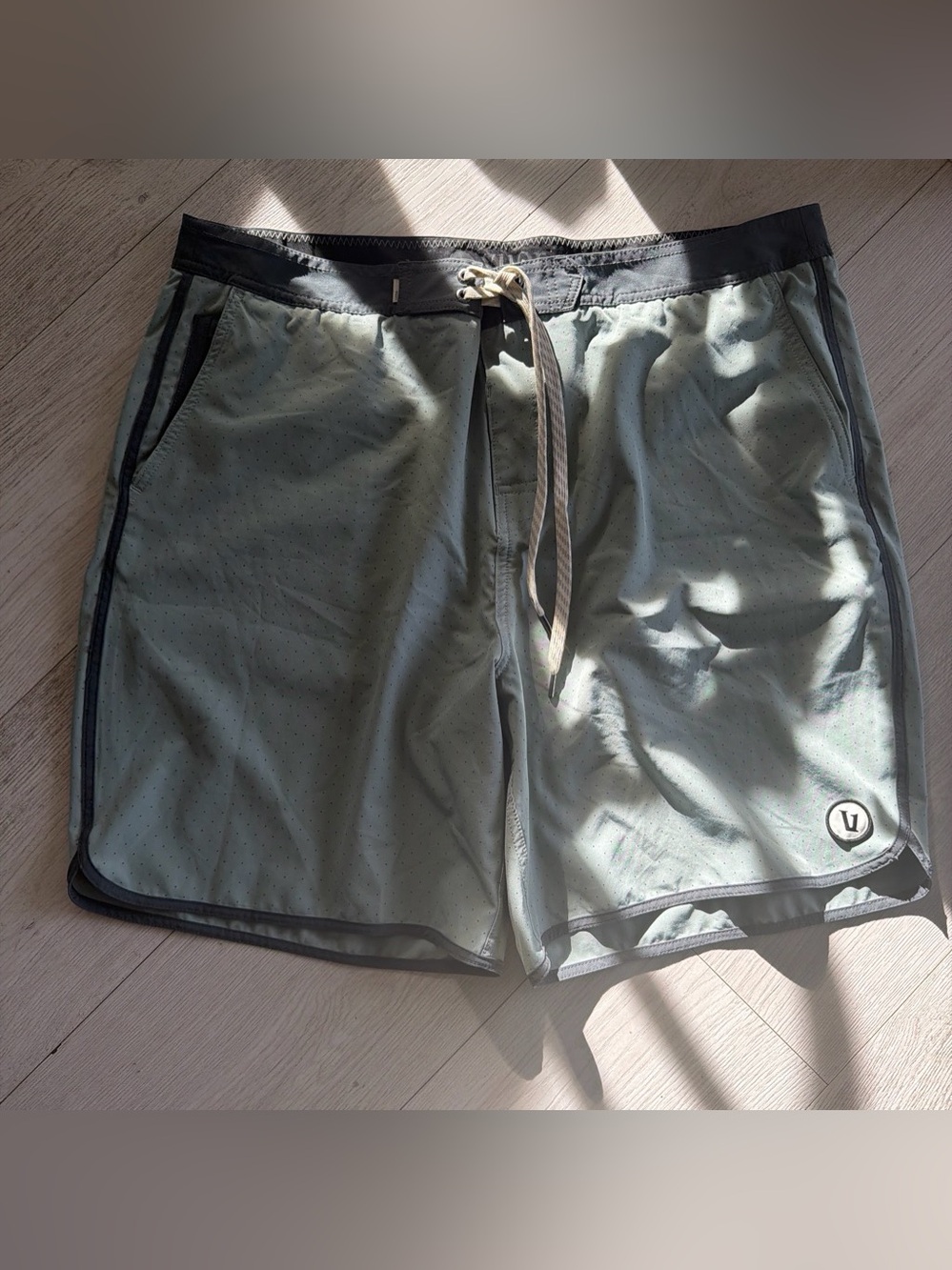 Vuori Olive Green Swim Board Shorts with Black Waistband